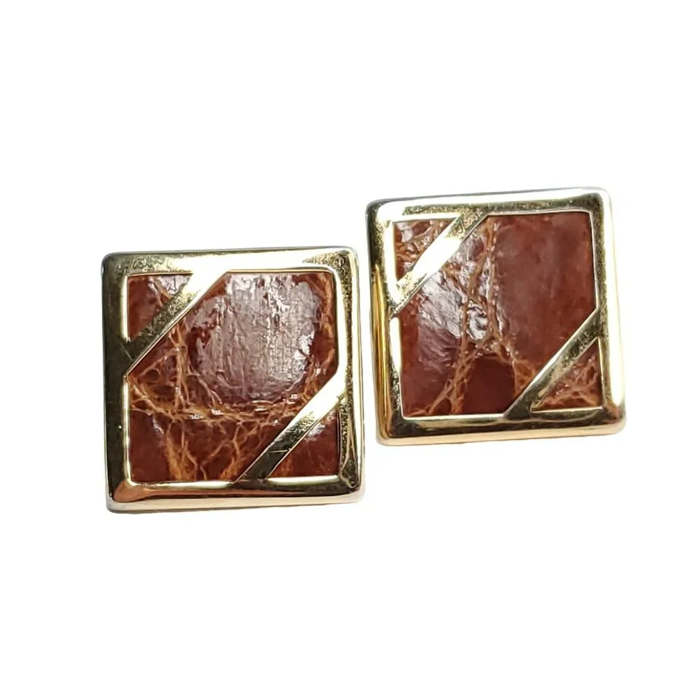Vintage Anson Cufflinks Gold Tone Brown Leather Square